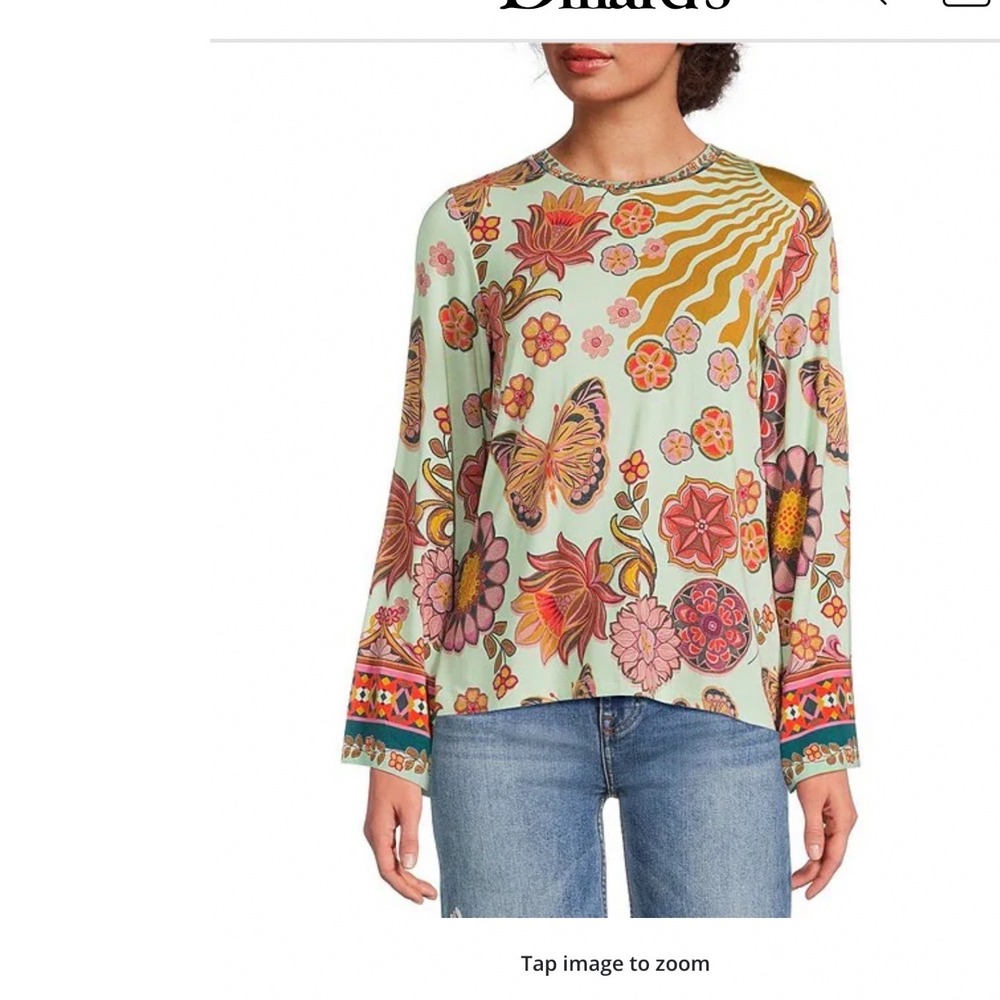Johnny Was Mint Green Floral Butterfly Sun Ray Silk Blouse Boho Top